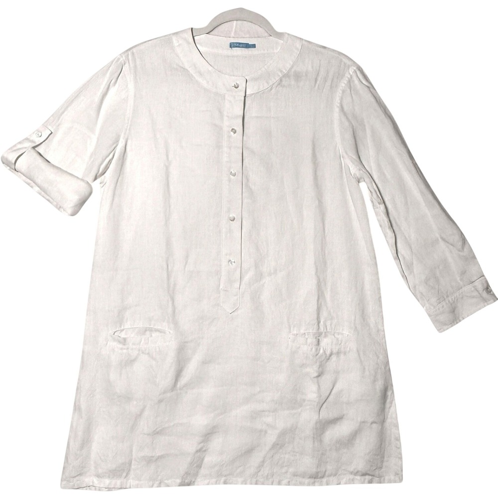 J.McLaughlin White Linen Tunic Top Large Roll Tab Sleeve Band Collar Pocket